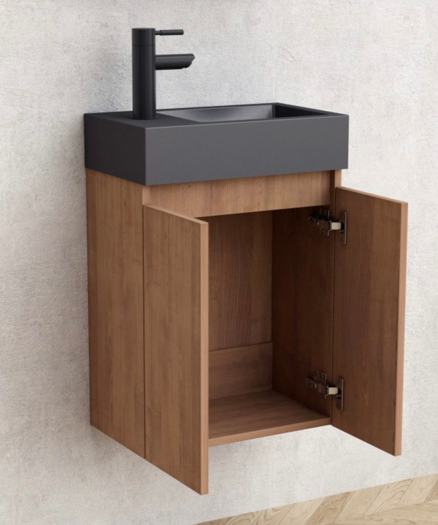 Inter Ceramic Compacte badkamerkast Wooden met wastafel 4242 + Black messing kraan